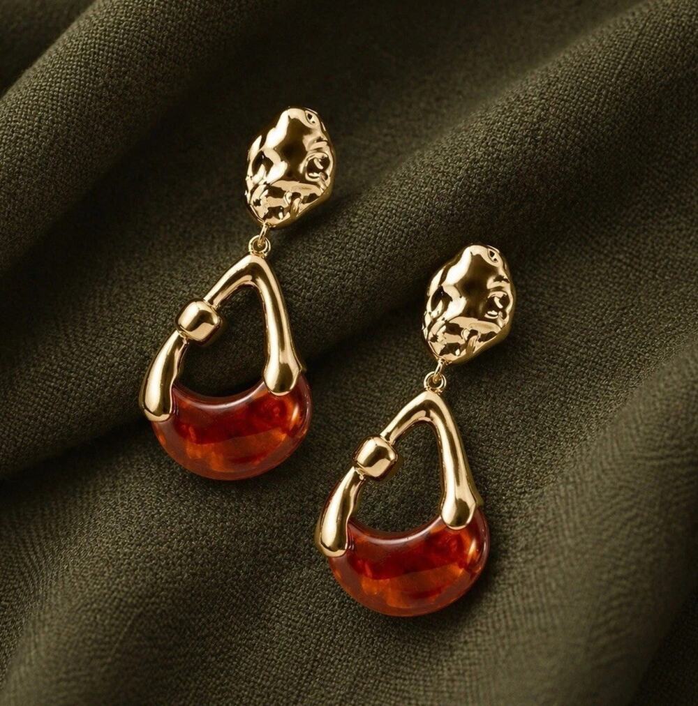 Molten Amber Lucite Hoop Earrings Sculptural Boho Stud Clear Gold Retro VTG